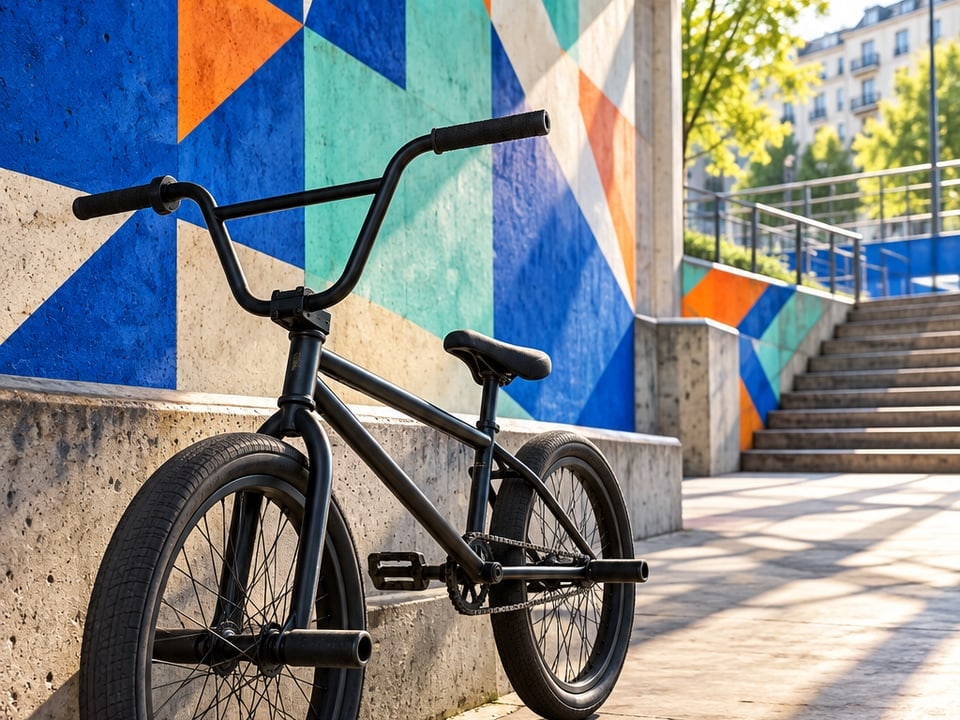 BMX-Rad vor geometrischer Wandkunst