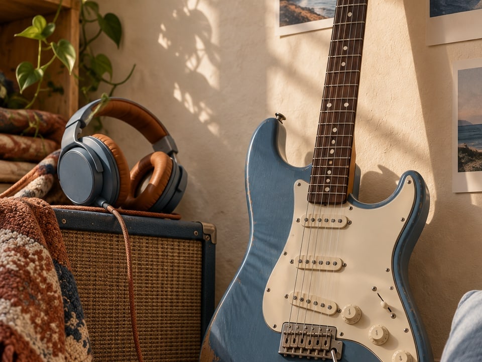 Electric guitar and headphones in a teen room