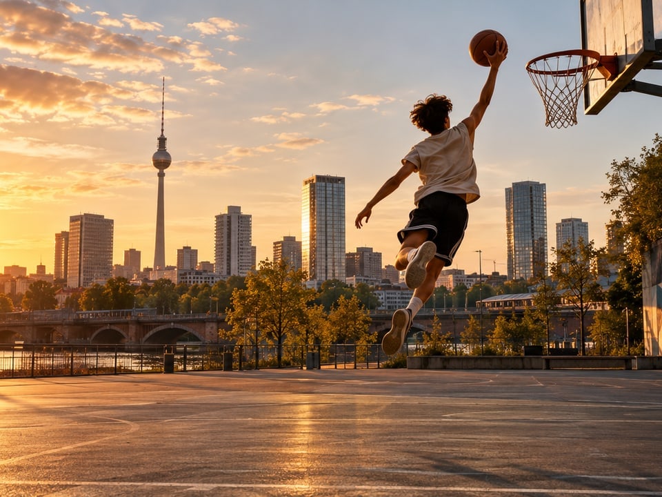 Basketball vor der Berliner Skyline