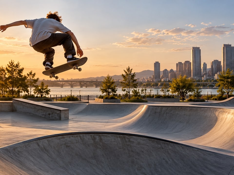 Skater-Sprung vor der Skyline
