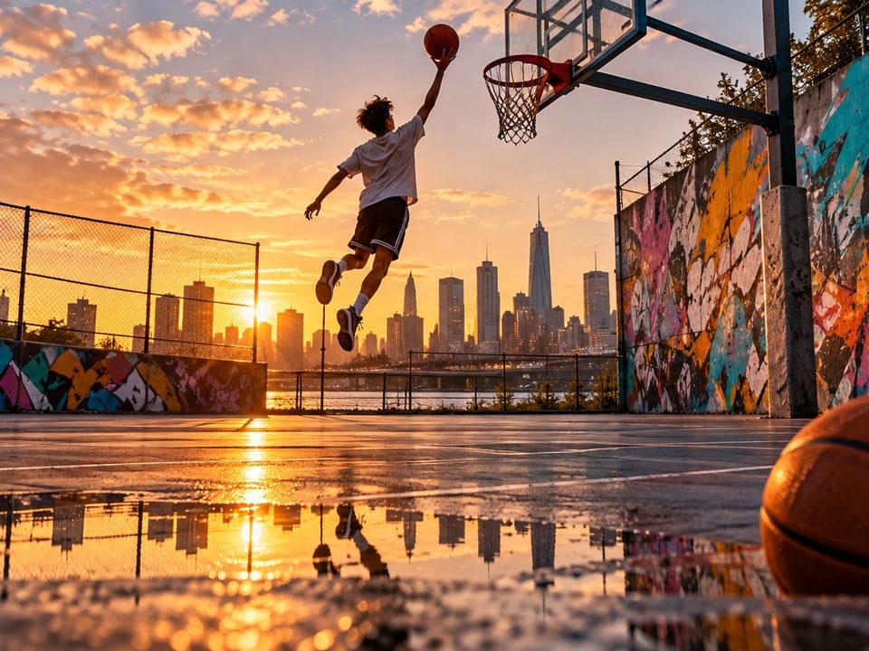 Basketball-Dunk vor der New Yorker Skyline
