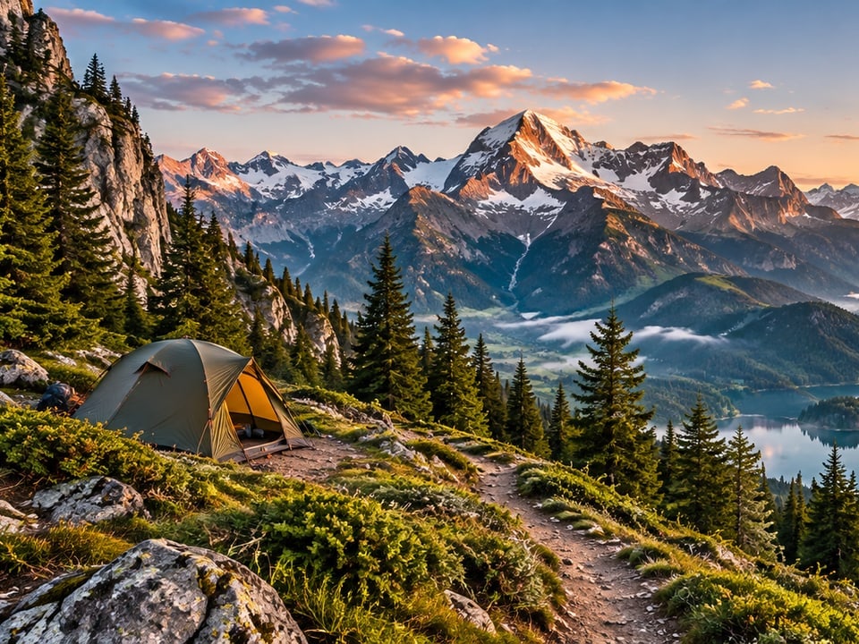 Alpenpanorama mit Zelt und Seen